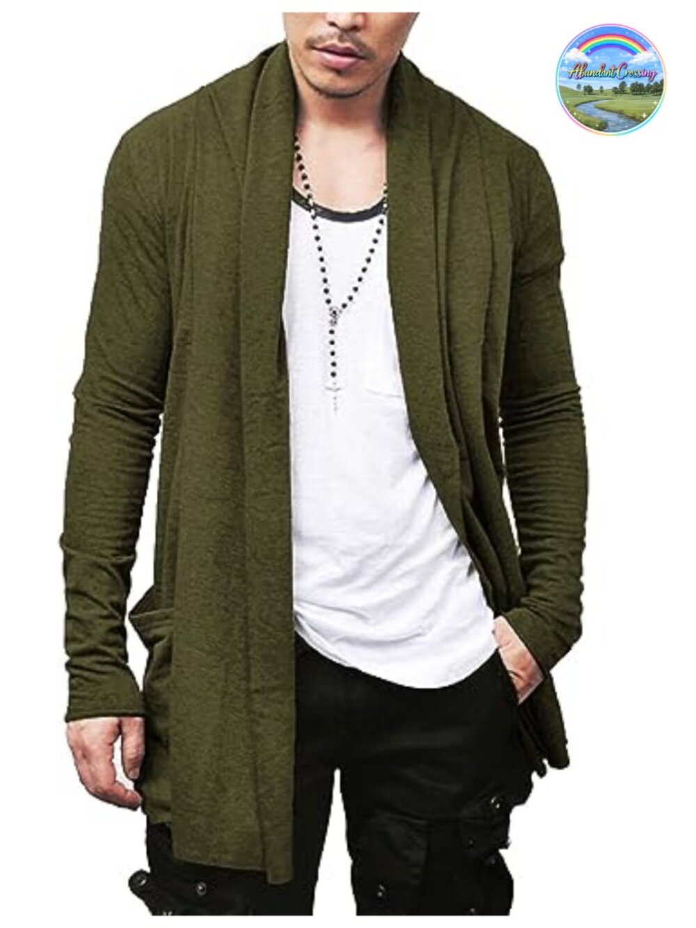 Men's Ruffle Shawl Collar Open Front Long Cardigan Lightweight Sweater